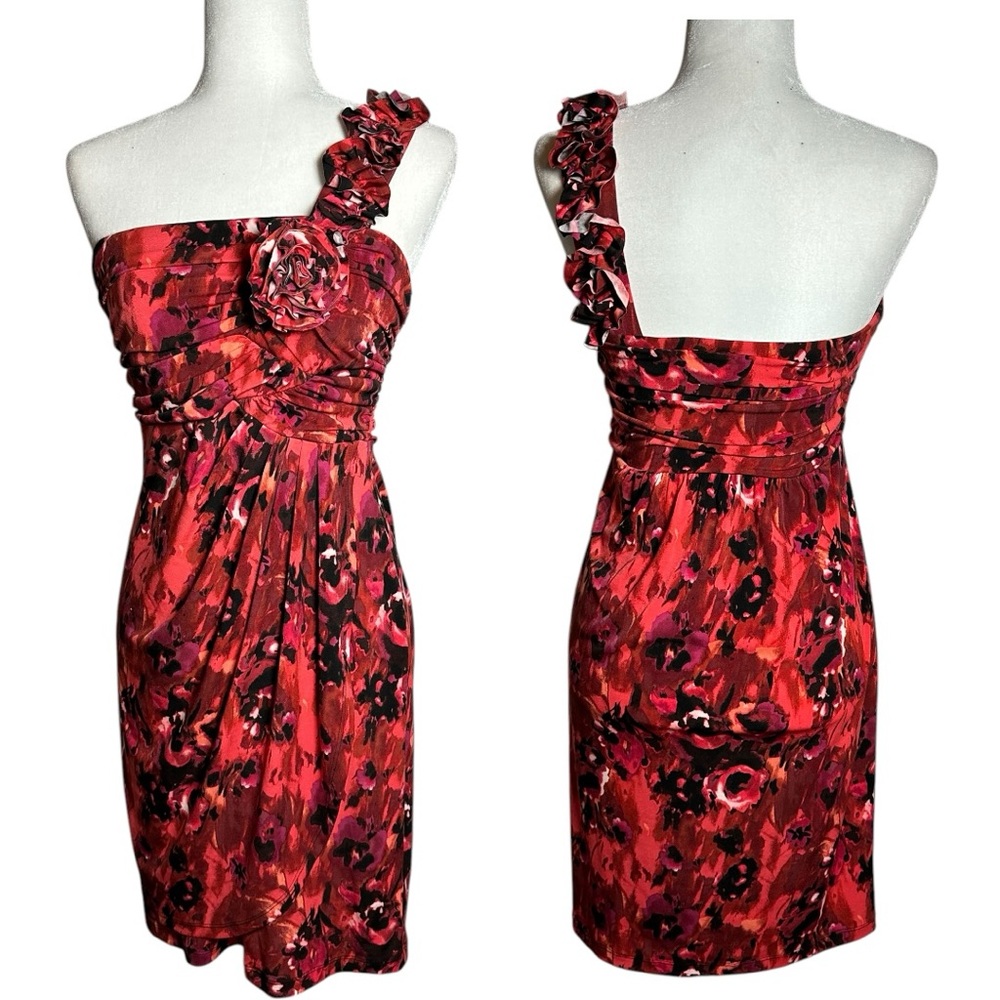 Saint Tropez West Red One Shoulder 3D Floral Spring Summer Mini Dress Size 6 EUC